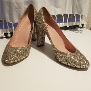 Kate Spade 11B gold glitter block pumps
